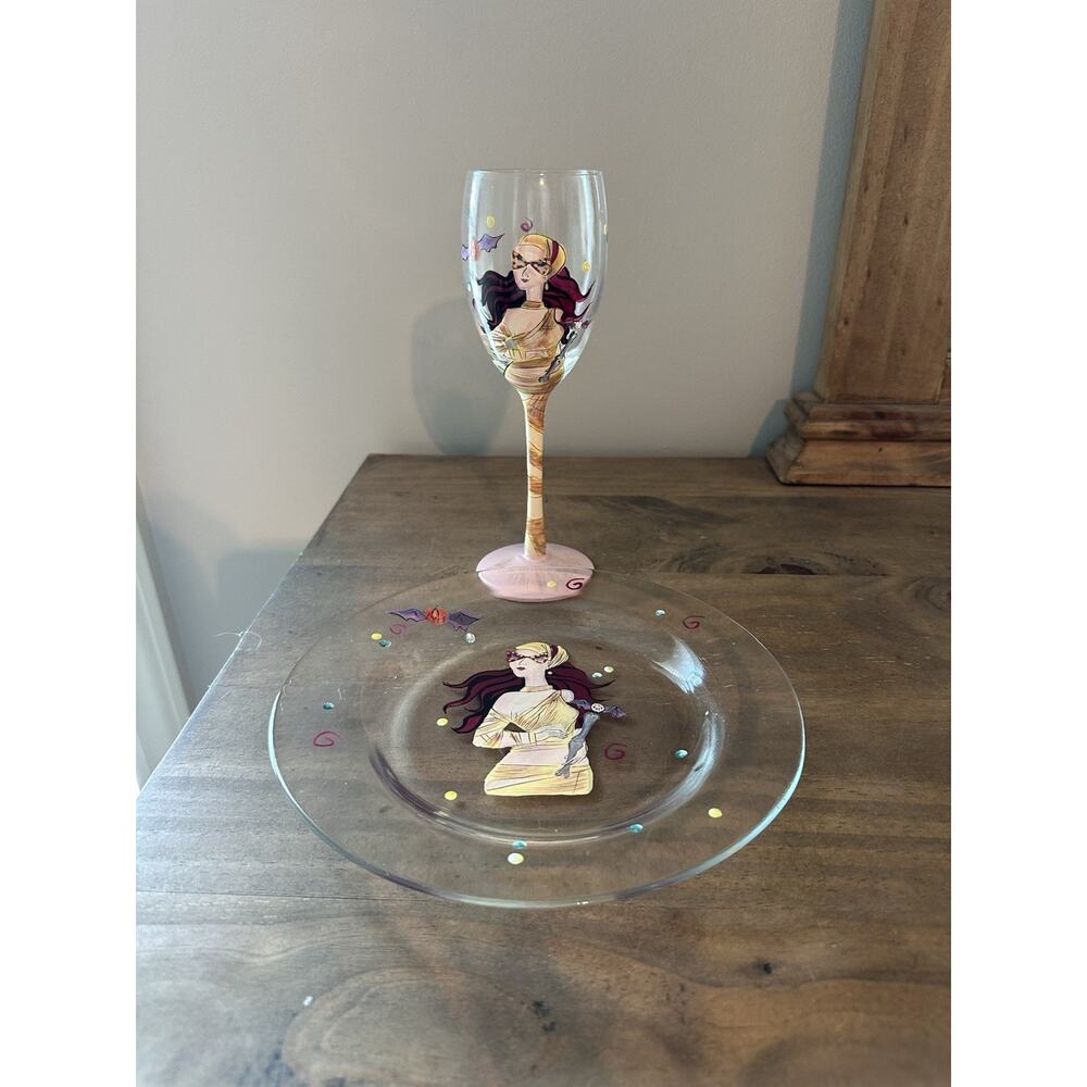 Hand Painted Halloween Mummy Wine Glass And Plate